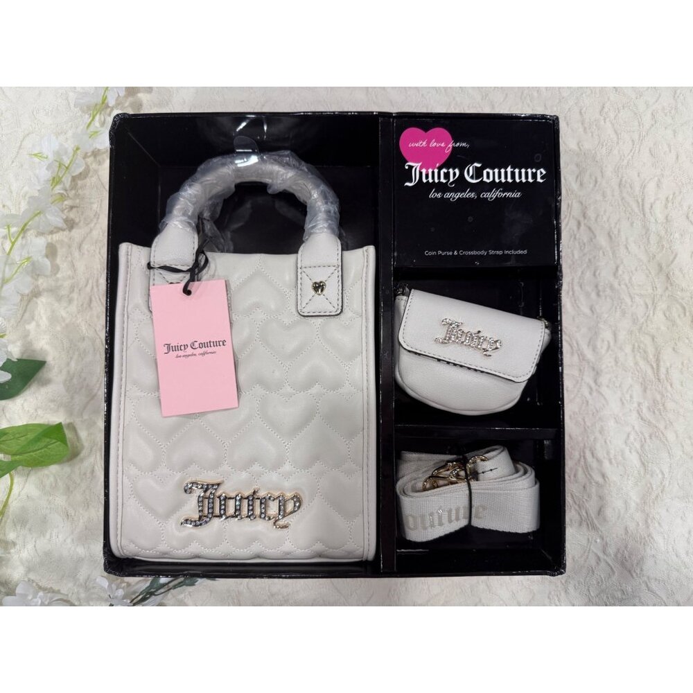 Juicy Couture Quilted Ivory Mini Tote W/ Rhinestone Logo Coin Purse & Crossbody